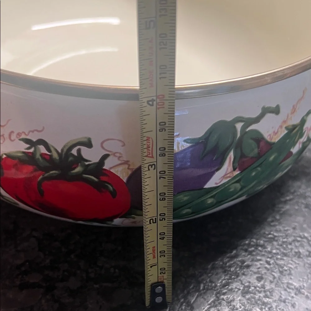 Farmers Market Vegetable Design Enamel Casserole Pot with Lid. Brass handles